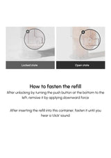 Instructions on how to fasten a refill with images of a locked and open state.