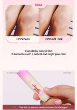 Product advertisement showing a comparison of skin darkness to natural pink and a hand holding the product.