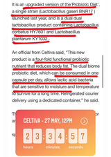 A text-based promotional post describing an upgraded Probiotic Diet product from Celtiva, with red underlines highlighting key phrases, and a digital countdown timer graphic at the bottom showing 23 hours, 34 minutes, 5 seconds, and 7 left.
