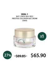 Prestige collagen age cream with promotional text on a white background