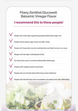 Product label for Fitany Zenithal Glucowell with balsamic vinegar flavor, listing recommended users.