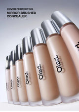 Row of Oliad concealer bottles with a gradient of shades on a light background.