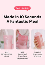 Instructions for making a meal in 10 seconds using a pink shake container.