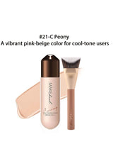 Makeup product with a brush and description of color #21-C Peony for cool-tone users on a white background