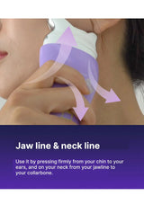 Product use guide for jawline and neck line treatment with a purple device.