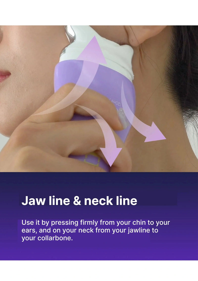 Product use guide for jawline and neck line treatment with a purple device.
