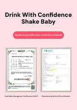 Two certification documents displayed on a pink background with text about product safety and confidence.