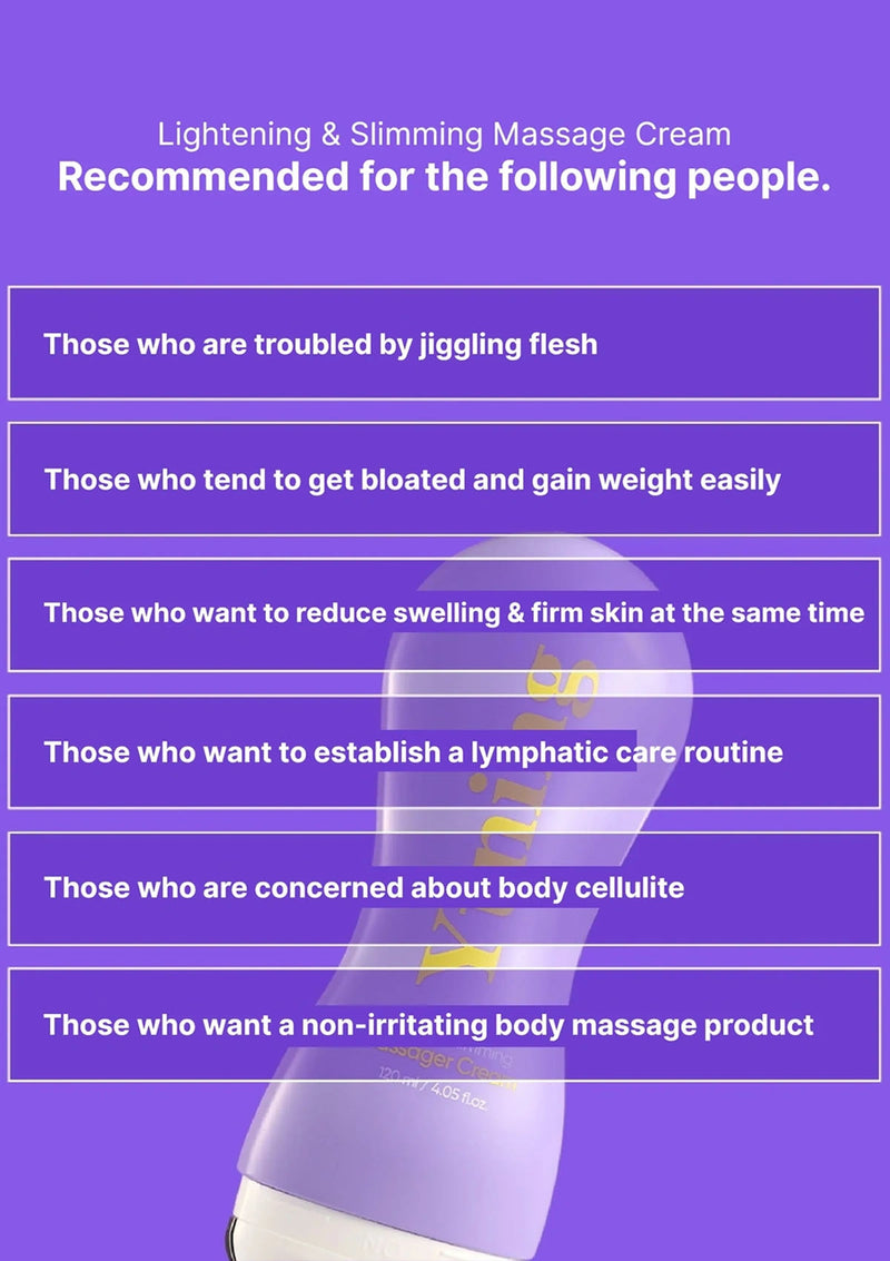 Promotional text for a lightening and slimming massage cream on a purple background with a silhouette of a woman.
