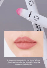 Lip product with a finger sponge applicator and close-up of lips wearing the product.