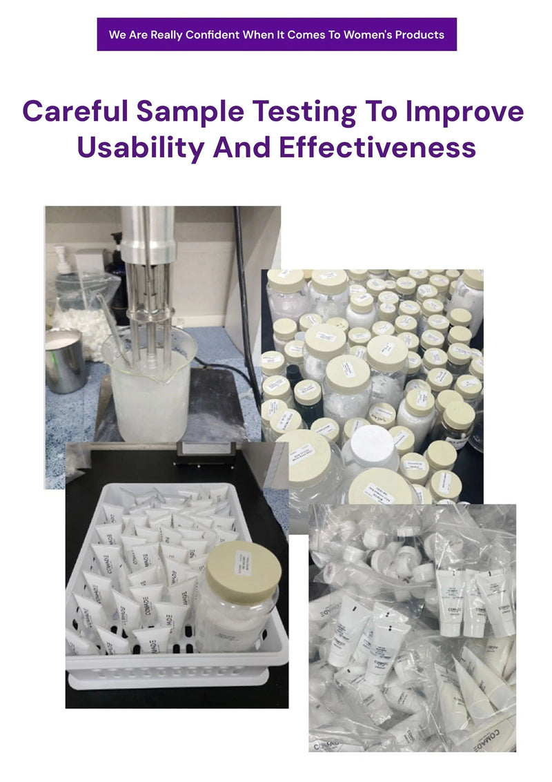 Collage of samples and testing equipment with text about sample testing for product usability and effectiveness.