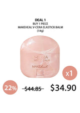 MakeHeal V-Cera Elastick Balm packaging with promotional text on a white background
