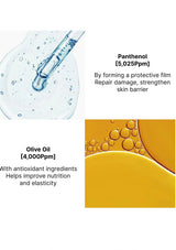Diagram showing Panthenol and Olive Oil with text explaining their benefits on skin.