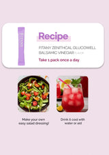 Product packaging with salad and drink images on a light pink background