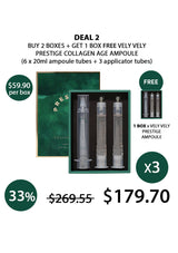 Promotional offer for Vely Vely Prestige Collagen Age Ampoule with packaging and pricing details.