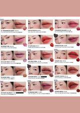 A lip color swatch chart featuring 15 different shades of lip gloss or lipstick, each labeled with a name in English and Korean, accompanied by swatches of the product on lips and a small heart-shaped color indicator. The chart is set against a solid dusty rose background.