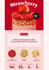 Product packaging with strawberry flavor description and ingredients on a red and pink background