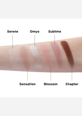 Color swatches on a arm labeled 'Serene', 'Omyo', 'Sublime', 'Sensation', 'Blossom', and 'Chapter' against a white background.