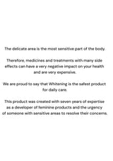 Text on a white background discussing the safety and efficacy of a whitening product for sensitive areas.