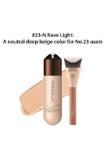 Makeup foundation bottle with applicator and text describing color #23-N Reve Light.