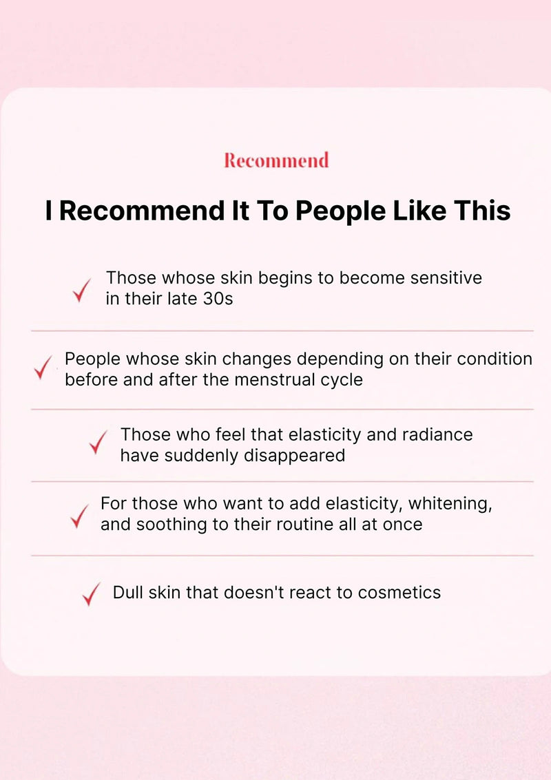 Text on a pink background recommending the product for specific skin conditions.