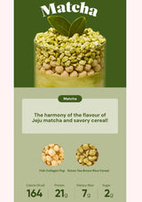 Matcha-flavored cereal product with green leaf, text, and nutritional information on a green background.