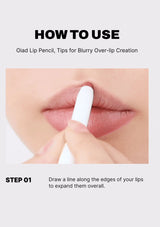 Lip pencil being used on lips with text on how to use it