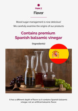 Advertisement for premium Spanish balsamic vinegar with text about flavor and product origins.