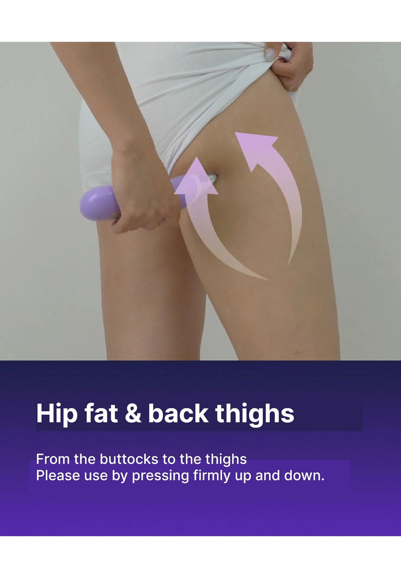 Person using a purple roller on their hip and back thigh with instructional text.