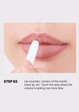 Lipstick application on lips with text instructions