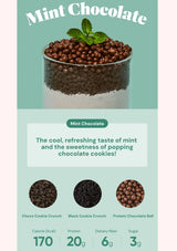 Mint chocolate product with text and graphics on a light green background