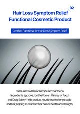 Advertisement for a hair loss symptom relief product with text and imagery of hair and a sphere.