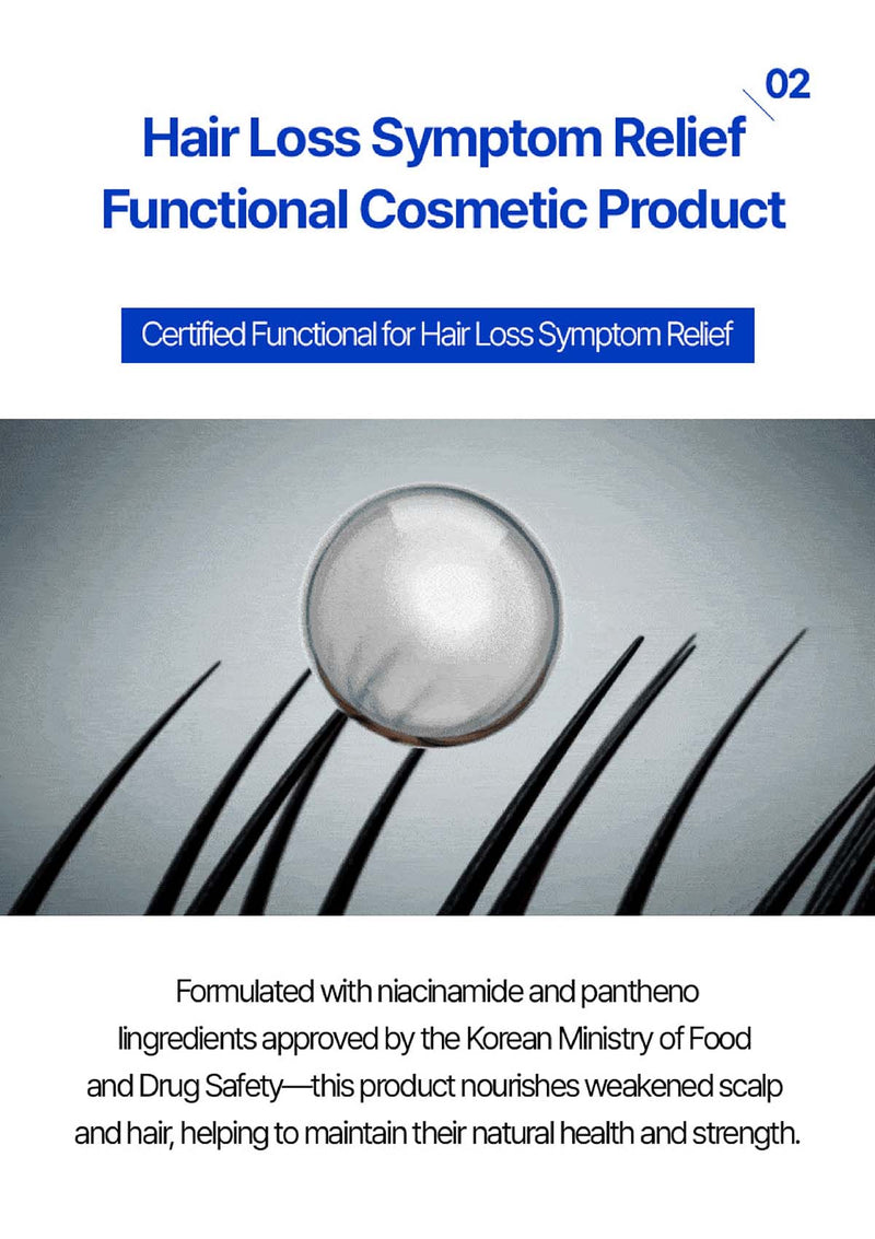 Advertisement for a hair loss symptom relief product with text and imagery of hair and a sphere.