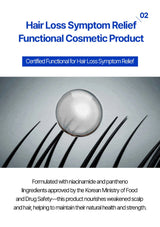 Advertisement for a hair loss symptom relief product with text and imagery of a hairball and hair strands.