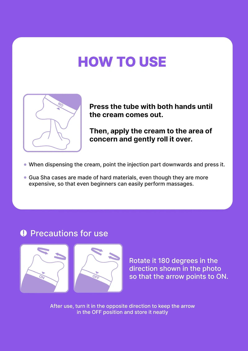 Instructions on how to use a product with text and icons on a purple background