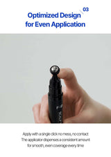 Hand holding a black applicator with text about optimized design for even application.