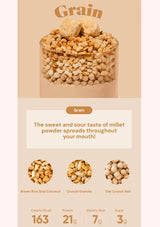 Product packaging with grain mix and flavor description on a beige background