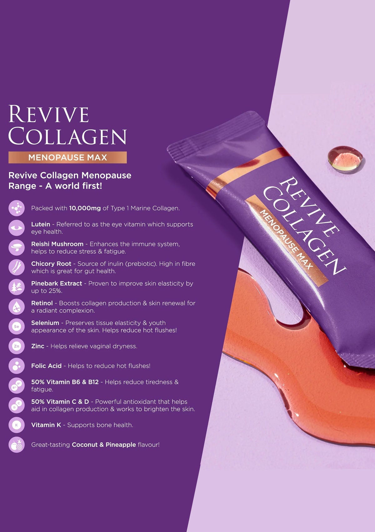 Revive Collagen Menopause Max package with purple background