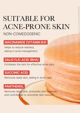 Skincare product with text about suitable ingredients for acne-prone skin on a beige background