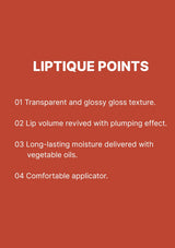 Product description card for Liptique Points with features listed on a red background.