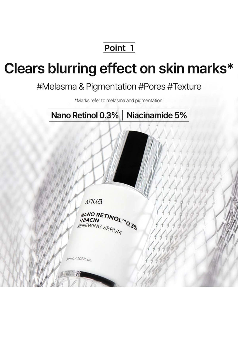 Anua Nano Retinol 0.3% Niacinamide 5% serum bottle with text about skin benefits on a white background.