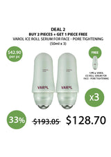 Promotional offer for VAROL ice roll serum with two bottles and a free serum included.