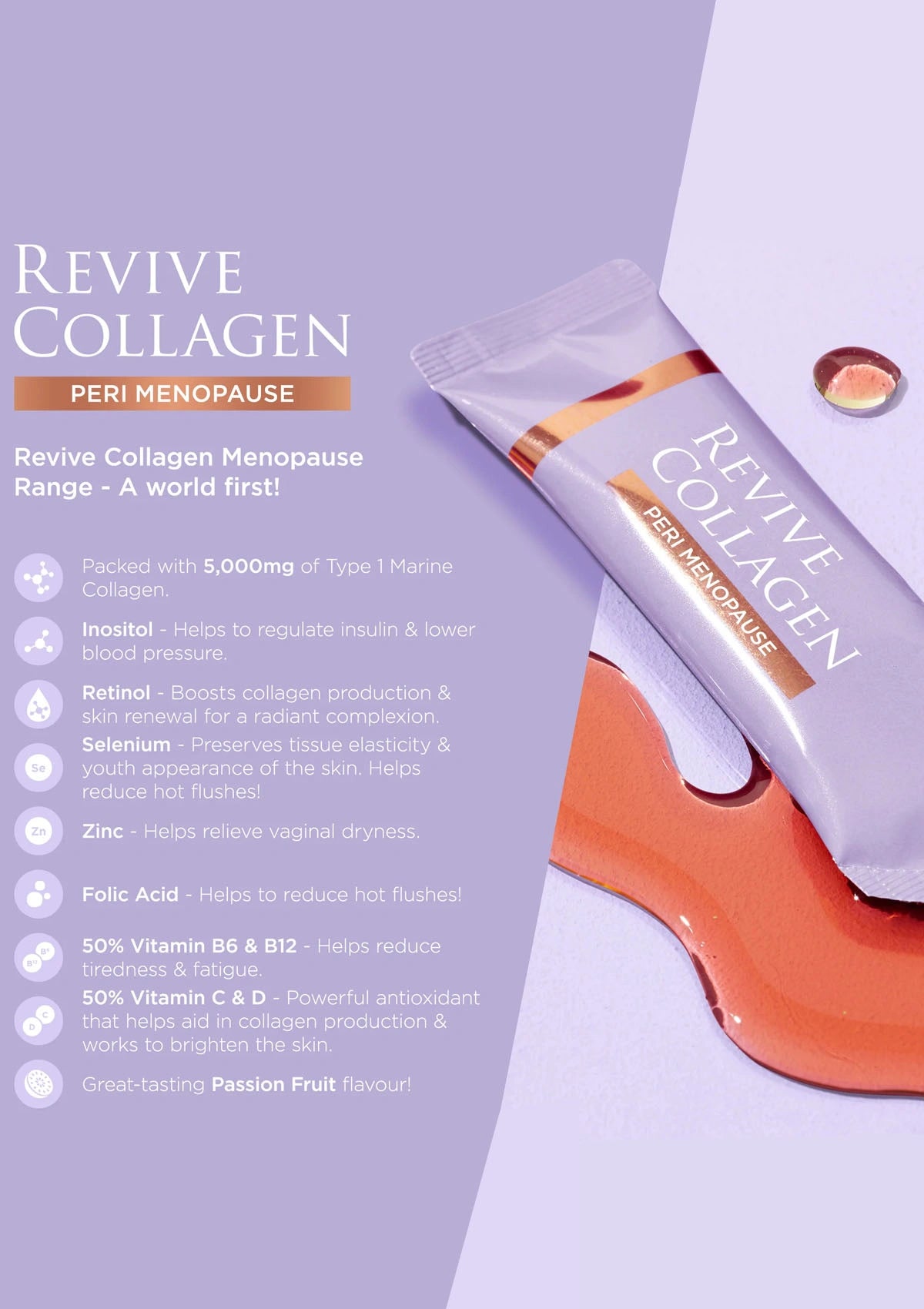 Revive Collagen Peri Menopause supplement packaging on a light purple background