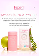 Fitany Granny Smith Skinny ACV product with packaging, apple, and green leaves on a white background