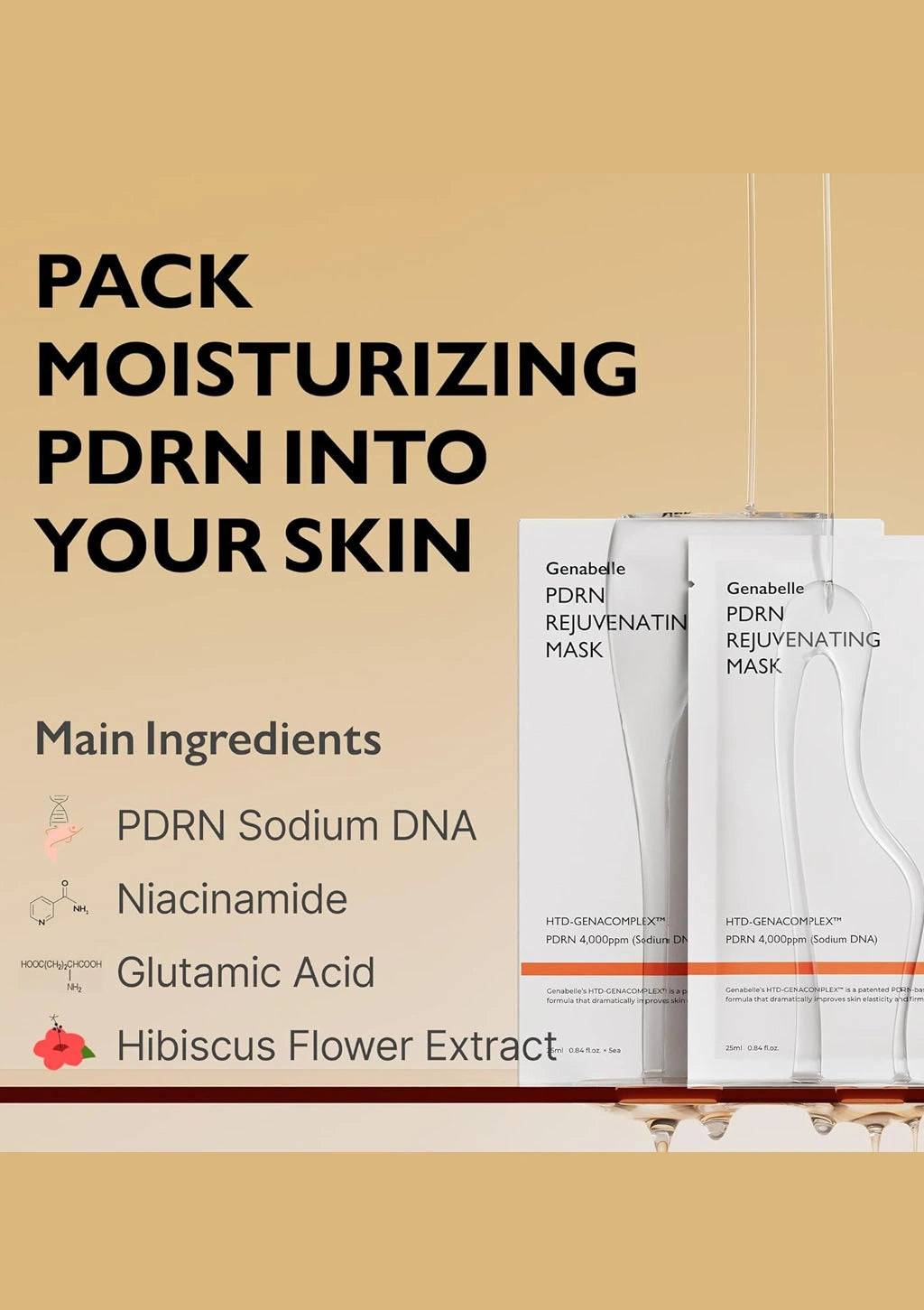 Packaging of Genabelle PDRN Rejuvenating Mask with text on a beige background