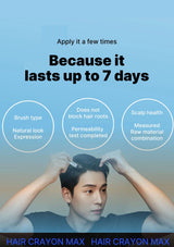 Person applying hair crayon with text on a blue background