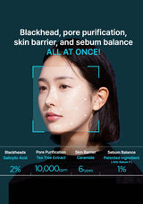 Woman's face with skincare benefits highlighted on a dark background