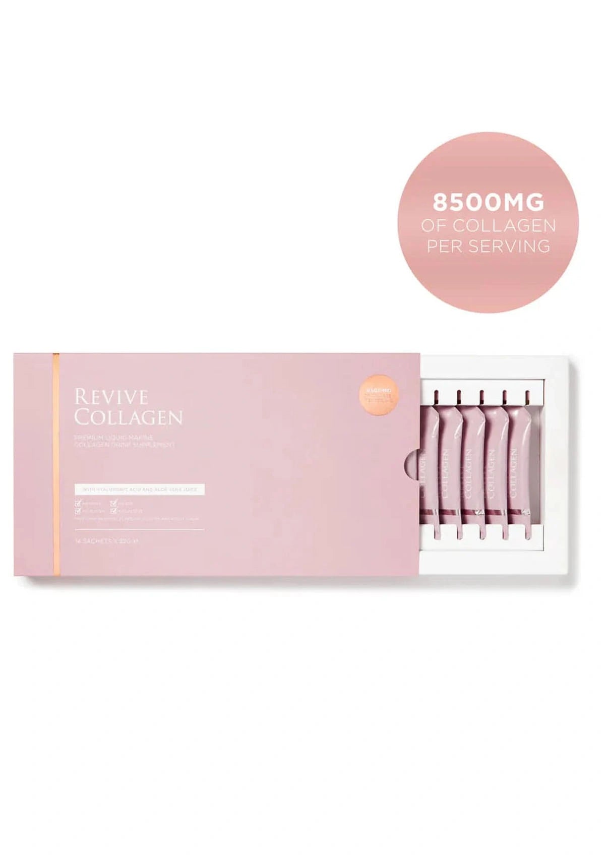 Revive Collagen packaging with pink box and sachets on a white background