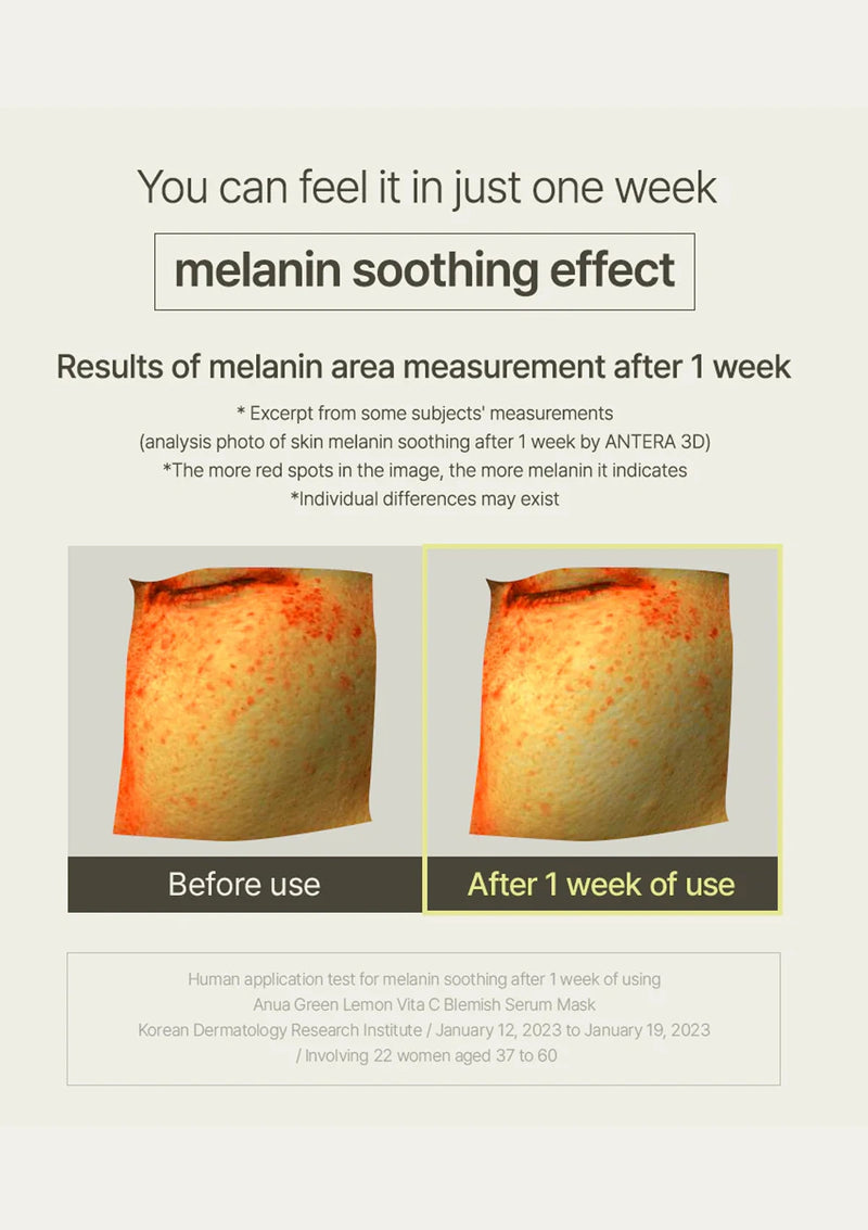 Before and after comparison of skin melanin area measurement with a melanin soothing effect after one week of use.