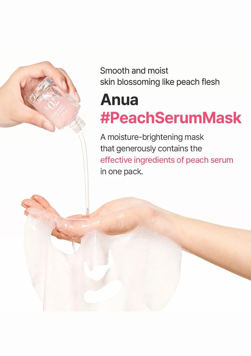 Anua Peach Serum Mask being applied with text describing its benefits