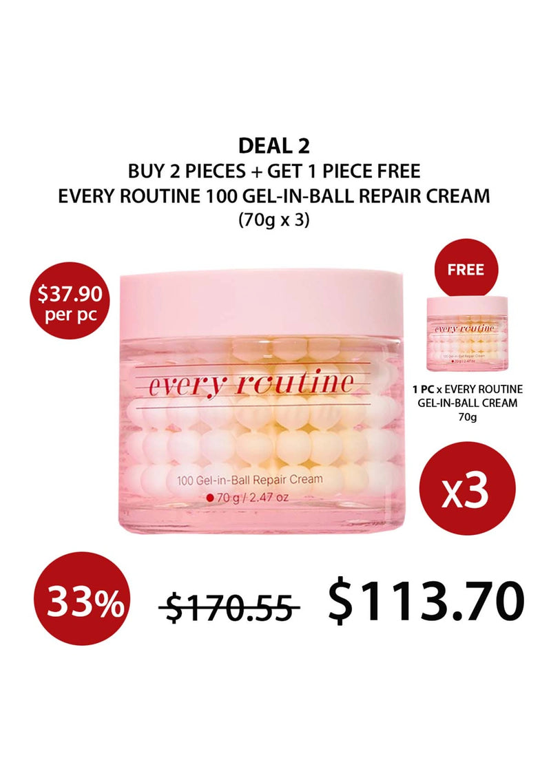 Promotional offer for 'every routine' gel-in-ball repair cream with pricing and quantity details.